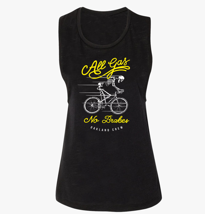 Black women’s tank top with yellow and white All Gas No Breaks Oakland Crew skeleton riding a bike graphic.
