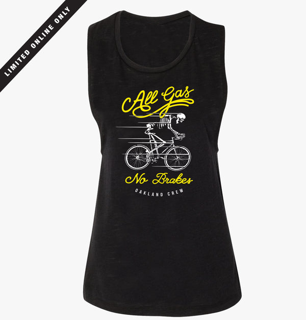 Black women’s tank top with yellow and white All Gas No Breaks Oakland Crew skeleton riding a bike graphic.