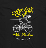 Close up of All Gas No Breaks, Oakland Crew design with a skeleton riding a bike on a black t-shirt.