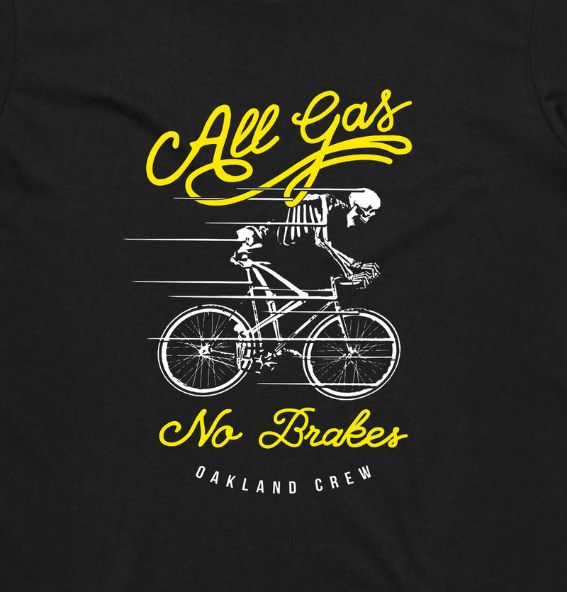Close up of All Gas No Breaks, Oakland Crew design with a skeleton riding a bike on a black t-shirt.