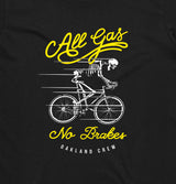 Close up of graphic of skeleton riding a bike & words “All Gas No Breaks, Oakland Crew” on black crew sweatshirt. 