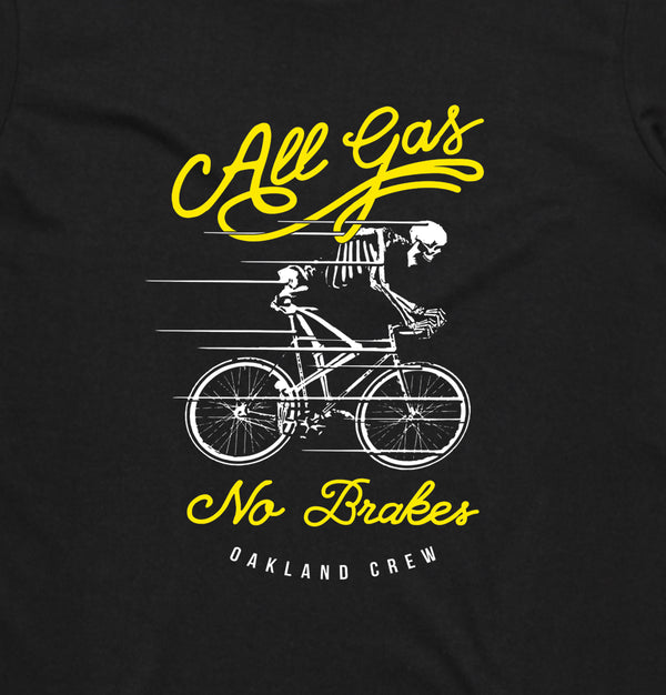 Close up of graphic of skeleton riding a bike & words “All Gas No Breaks, Oakland Crew” on black crew sweatshirt. 