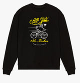 Black crew neck sweatshirt with graphic of skeleton riding a bike & words “All Gas No Breaks, Oakland Crew.”