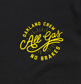 Close up of small round All Gas No Breaks round logo on left wear side chest.