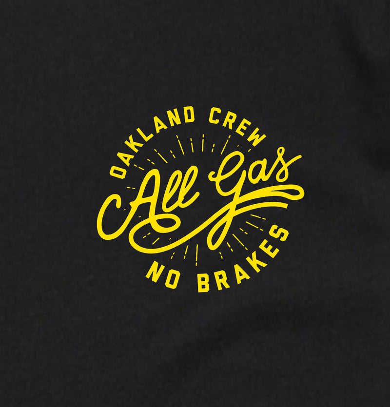 Close up of small round All Gas No Breaks round logo on left wear side chest.