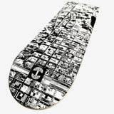 Black and white skateboard deck with an aerial image of Oakland and Lake Merritt and Oaklandish tree logo.