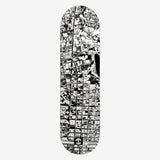Black and white skateboard deck with an aerial image of Oakland and Lake Merritt.