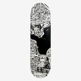 Skate deck with an aerial view of  the center of Lake Merritt in black and white.