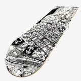 Skate deck with an aerial view photo of east of Lake Merritt and Oaklandish logo in black and white with Oaklandish logo.