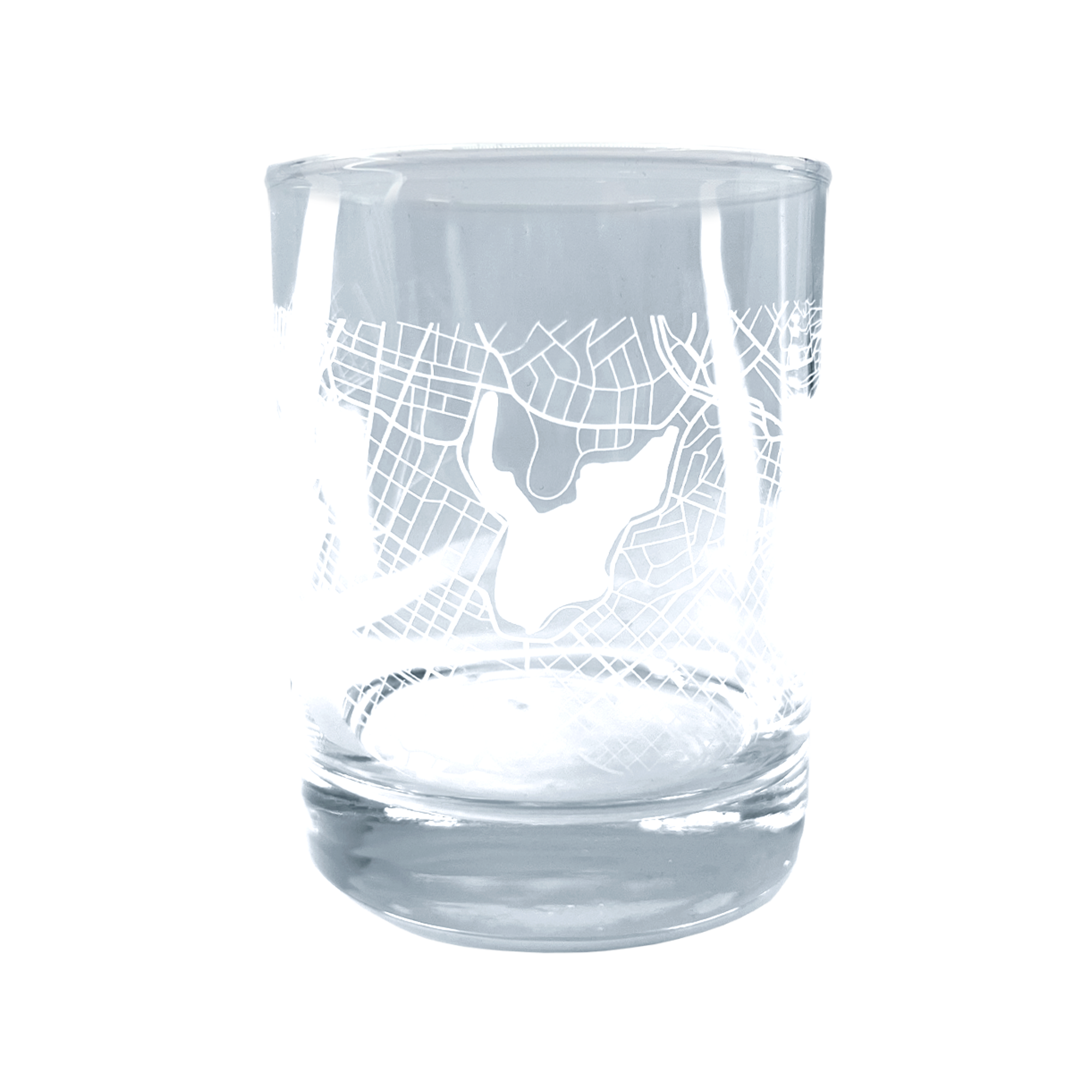 Clear glass whisky tumbler with an etched aerial map of Oakland.