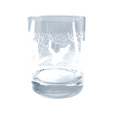 Clear glass whisky tumbler with an etched aerial map of Oakland.