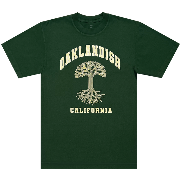Ivy green t-shirt with creamy yellow Oaklandish California wordmark and Classic Oaklandish tree logo centered.