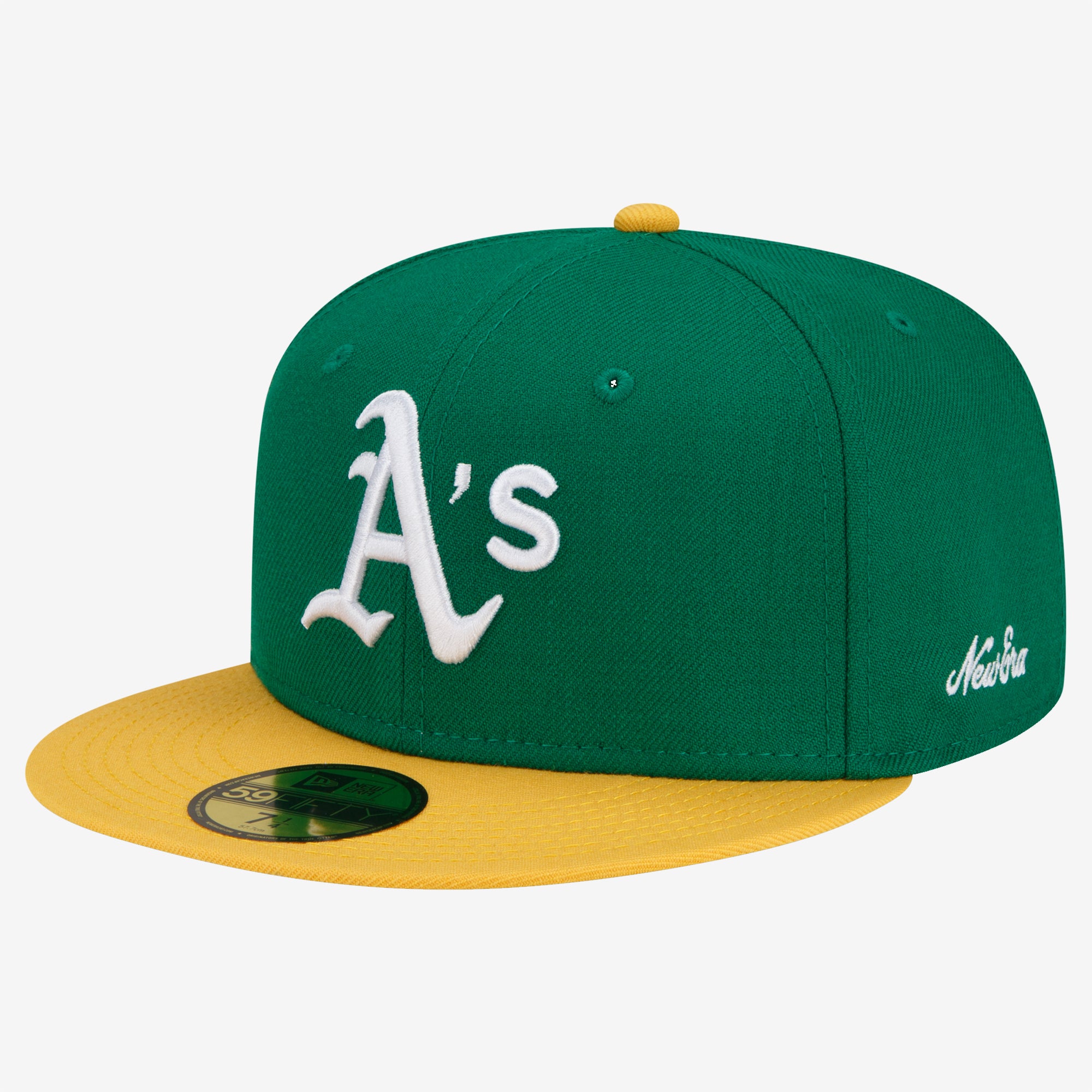 Green cap with embroidered Oakland As on crown, yellow bill with brand sticker, & white embroidered New Era logo on the side.