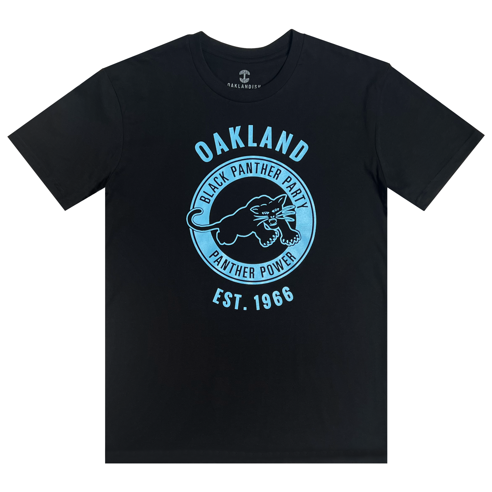 Black t-shirt with a large blue Black Panther Party Alumni Legacy Network logo on the chest.
