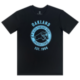 Black t-shirt with a large blue Black Panther Party Alumni Legacy Network logo on the chest.