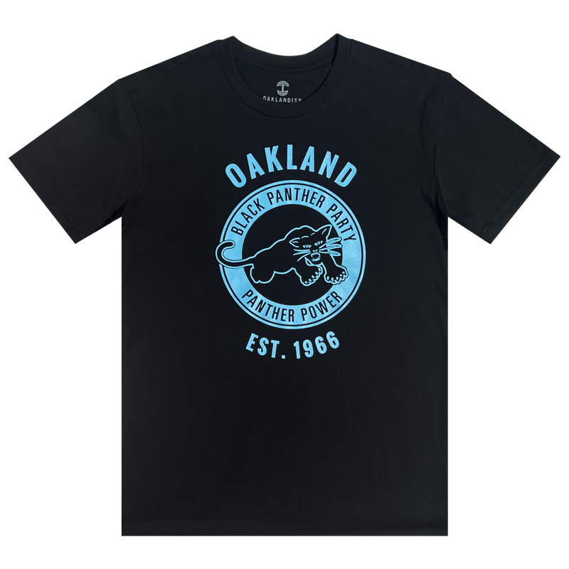 Black t-shirt with a large blue Black Panther Party Alumni Legacy Network logo on the chest.
