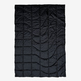Black backside of a puffy blanket.