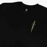 Close-up of sword graphic on the front chest of a black cotton t-shirt.