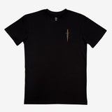 The front side of a black cotton t-shirt with a sword graphic on the chest. 