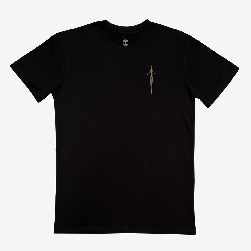 The front side of a black cotton t-shirt with a sword graphic on the chest. 