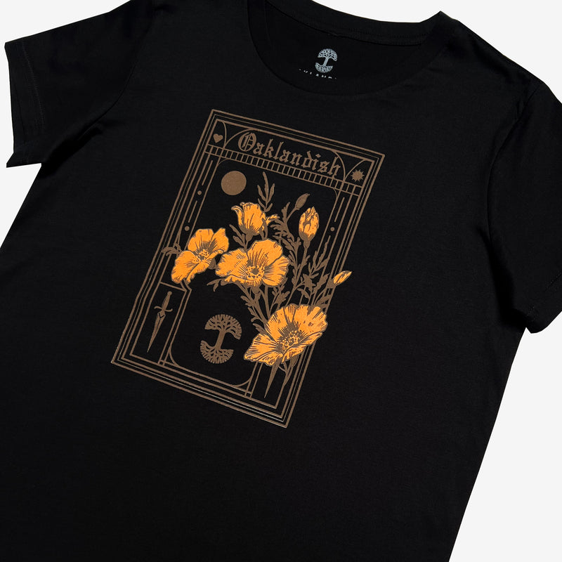 Women’s black cotton t-shirt with California poppies, an Oaklandish wordmark, and tree logo. 