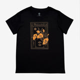 Women’s black cotton t-shirt with California poppies, an Oaklandish wordmark, and tree logo. 