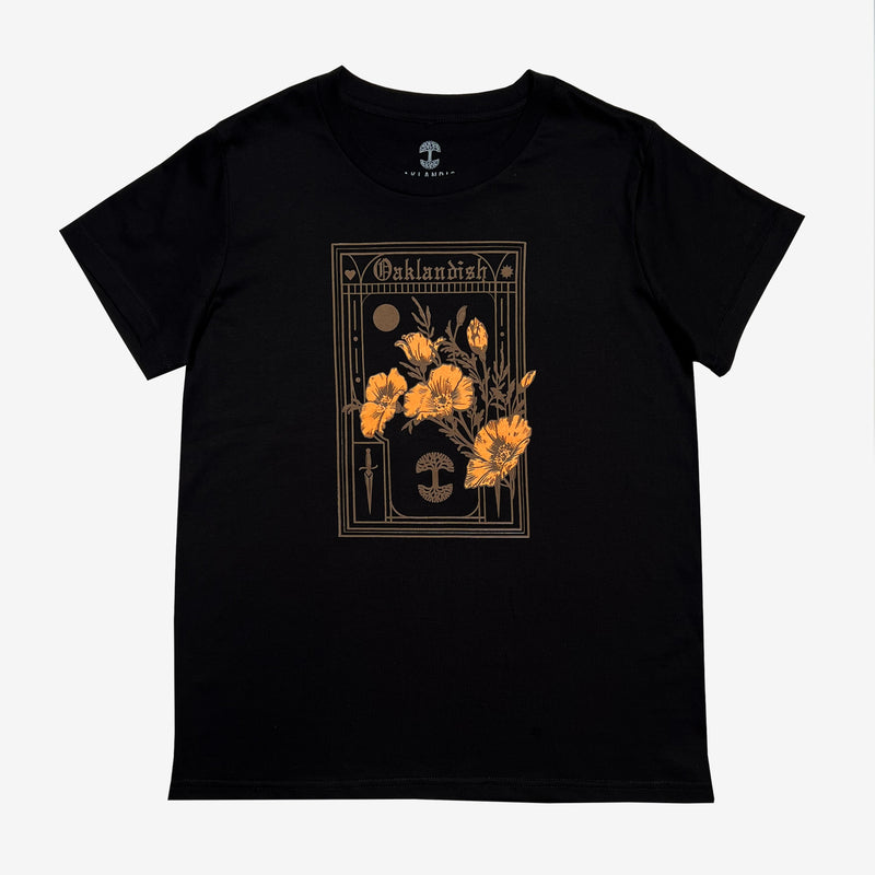 Women’s black cotton t-shirt with California poppies, an Oaklandish wordmark, and tree logo. 