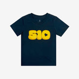 Navy toddler t-shirt with yellow bubble numbers '510' graphic with the negative space in the '0' shaped like a heart.