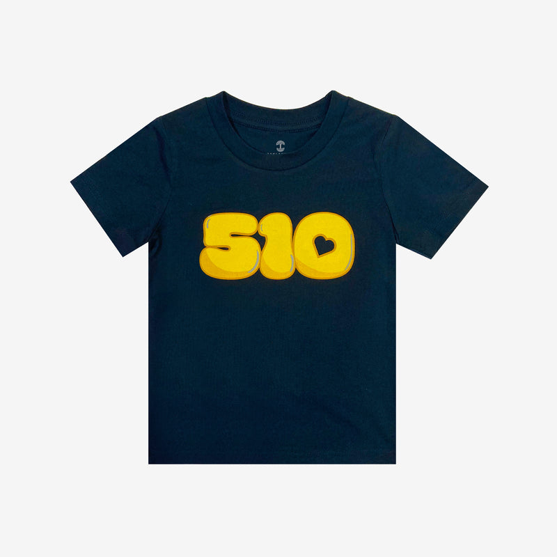 Navy toddler t-shirt with yellow bubble numbers '510' graphic with the negative space in the '0' shaped like a heart.