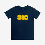 Navy toddler t-shirt with yellow bubble numbers '510' graphic with the negative space in the '0' shaped like a heart.