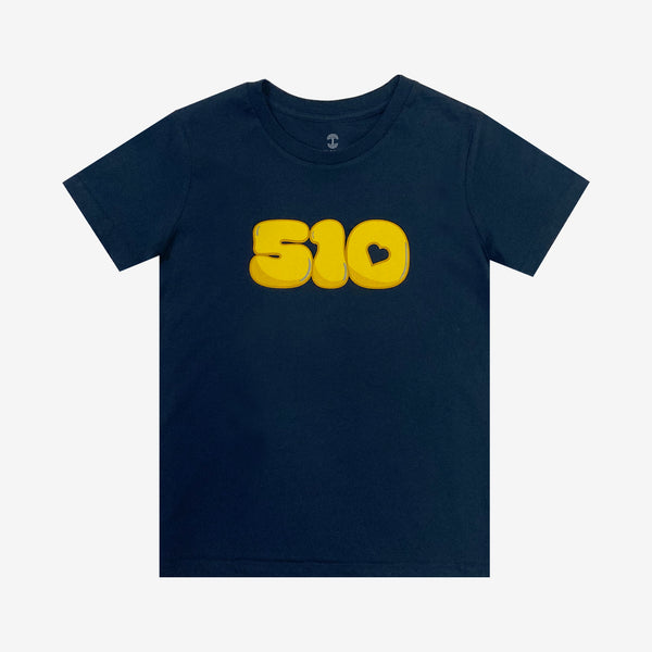 Navy toddler t-shirt with yellow bubble numbers '510' graphic with the negative space in the '0' shaped like a heart.