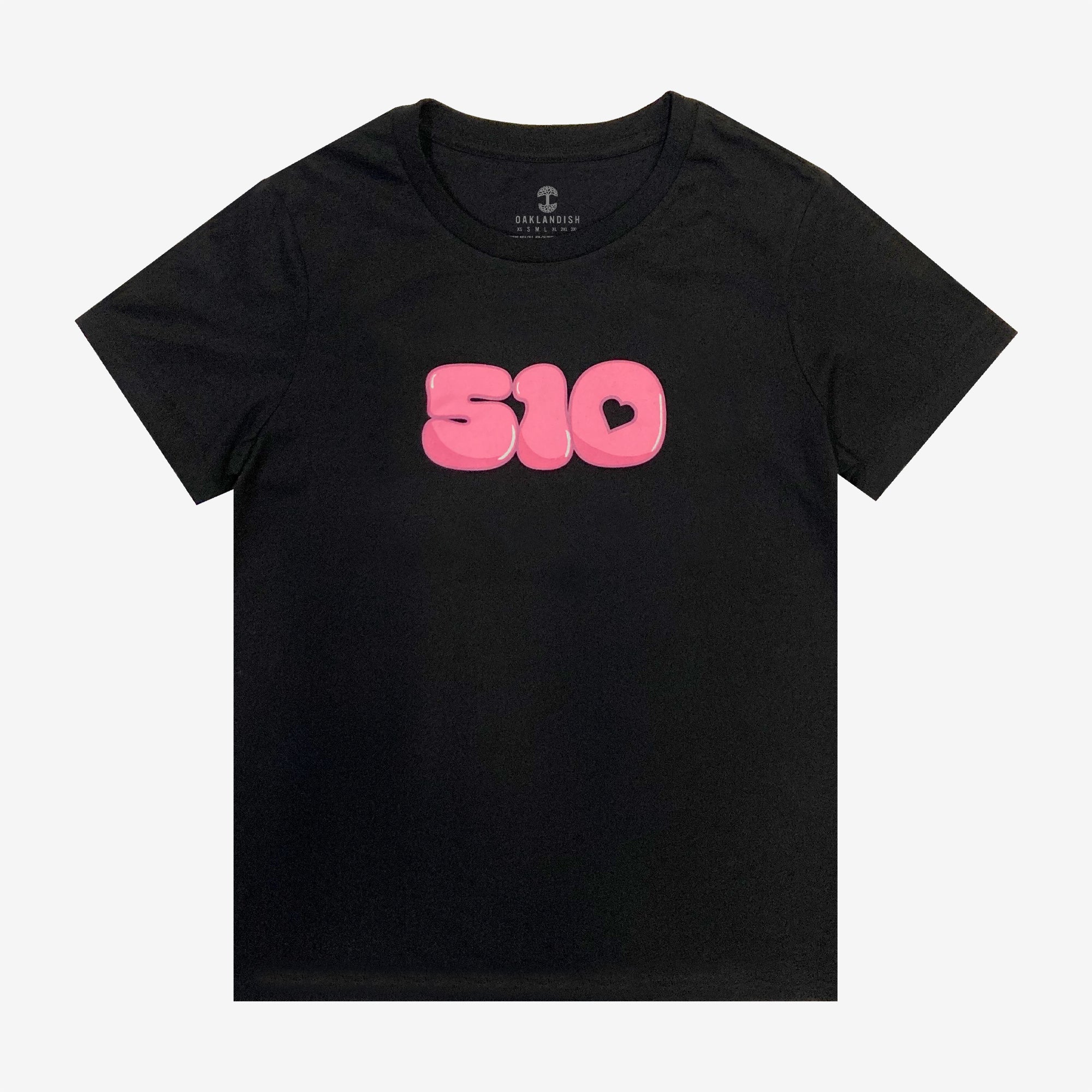 Women's black t-shirt with pink bubble numbers 510 graphic with the hole in the 0 shaped as a heart.