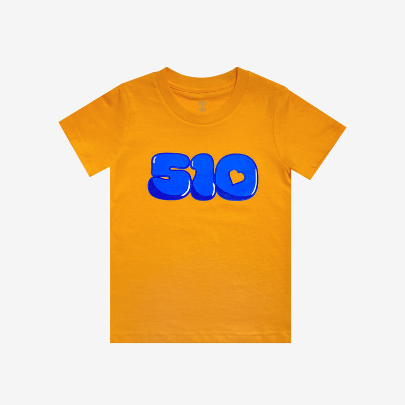 Gold toddler t-shirt with blue bubble numbers '510' graphic with the negative space in the '0' shaped like a heart.