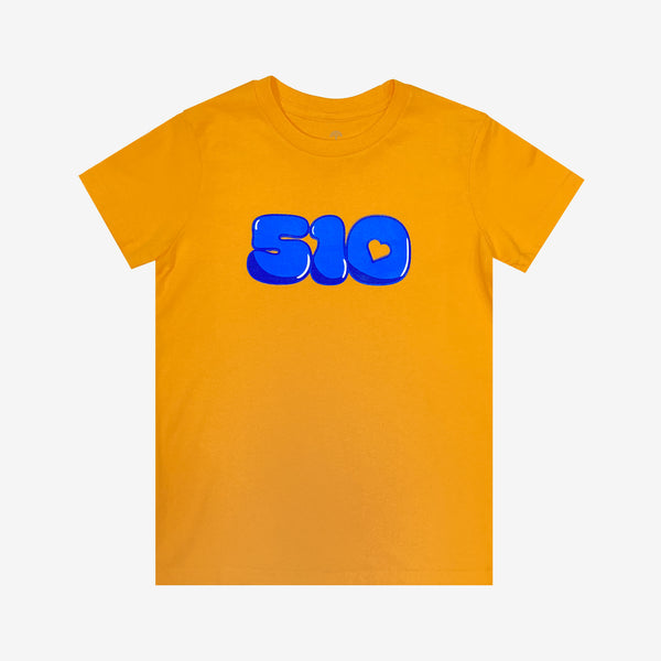Gold youth t-shirt with yellow bubble numbers '510' graphic with the negative space in the '0' shaped like a heart.