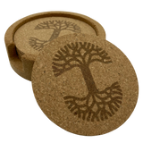 Set of 6 round cork coasters with darker brown Oaklandish tree logo in cork holder with one coaster out.