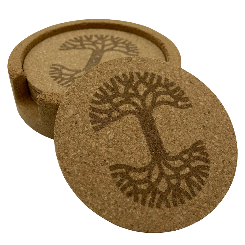 Set of 6 round cork coasters with darker brown Oaklandish tree logo in cork holder with one coaster out.