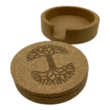 Set of 6 round cork coasters with a darker brown Oaklandish tree logo beside a cork coaster holder. 