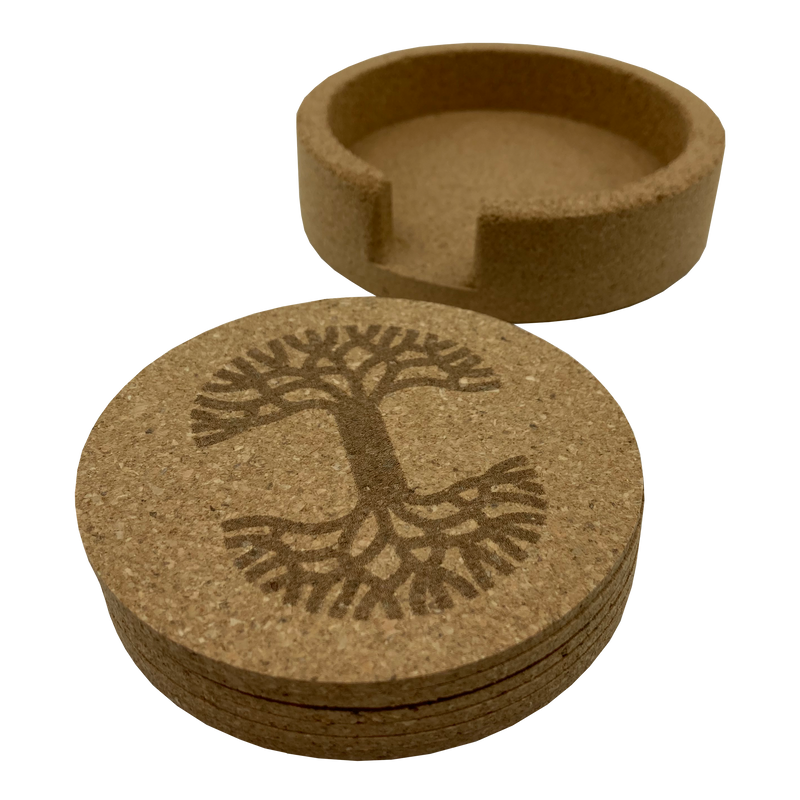 Set of 6 round cork coasters with a darker brown Oaklandish tree logo beside a cork coaster holder. 