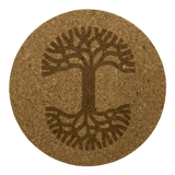 Round cork coaster with large darker brown Oaklandish tree logo in the center.