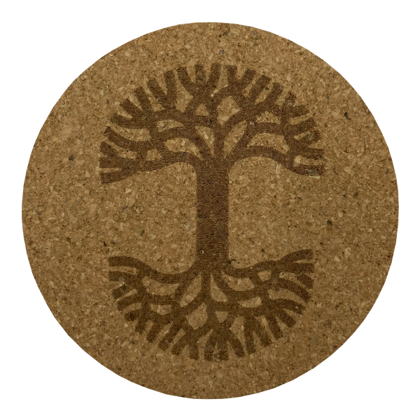Round cork coaster with large darker brown Oaklandish tree logo in the center.