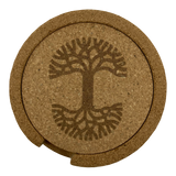 Top view of a set of 6 round cork coasters with darker brown Oaklandish tree logo in cork holder.