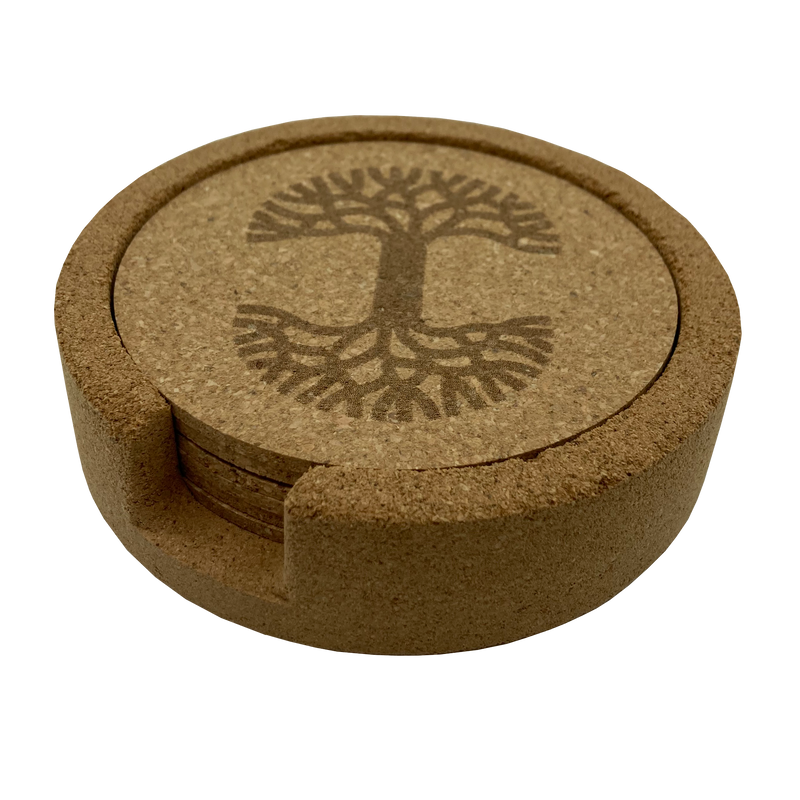 Side view of a set of 6 round cork coasters with darker brown Oaklandish tree logo in cork holder.