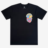 Flat image of black t-shirt with Oaklandish tree logo and heart graphic image on wearer's left chest.