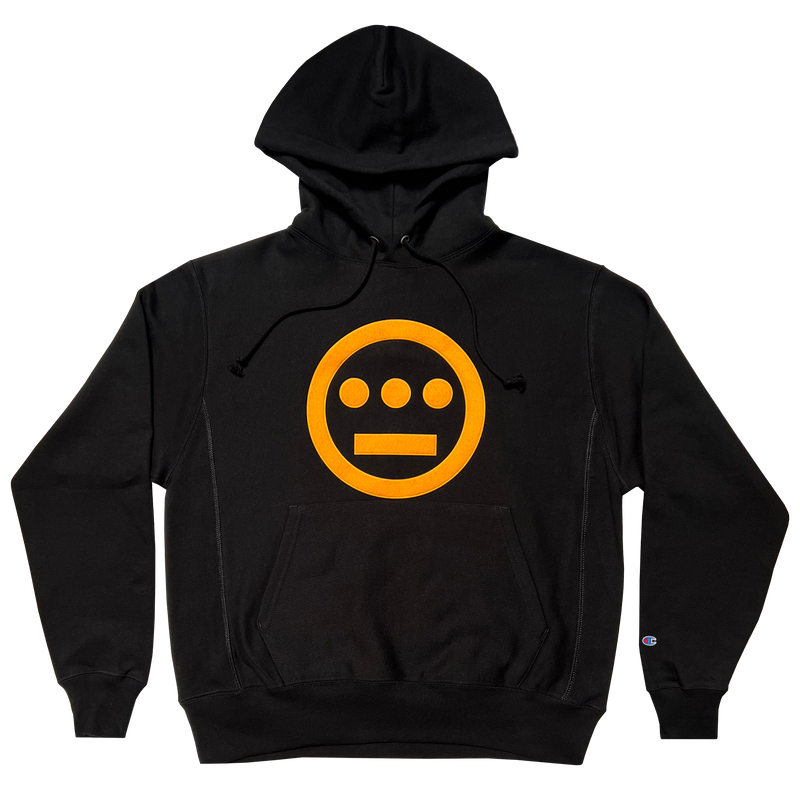 Black hoodie with yellow Hieroglyphics hip-hop logo on the chest and Champion logo on the sleeve.
