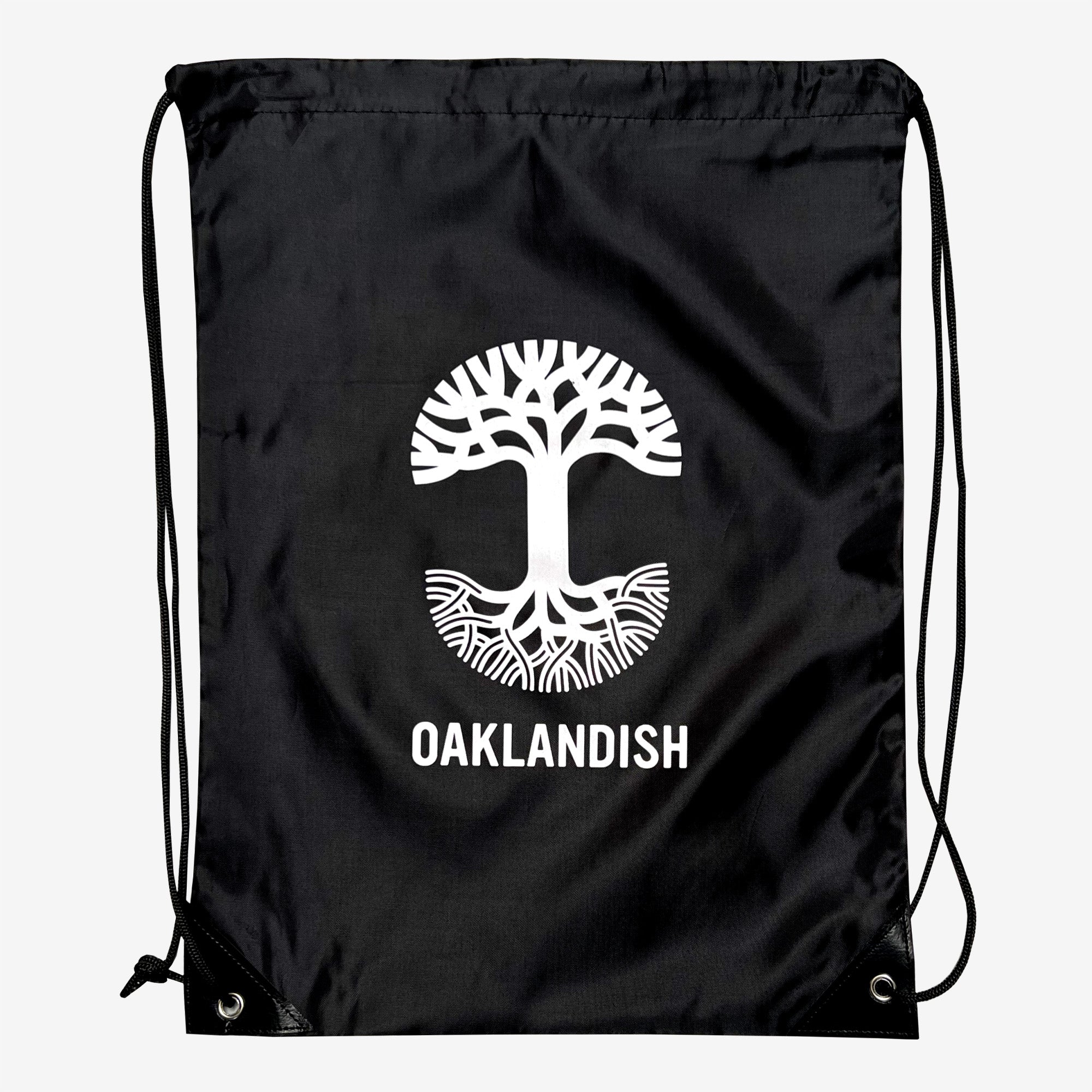 Black polyester drawstring cinch bag with white Oaklandish tree logo and wordmark.