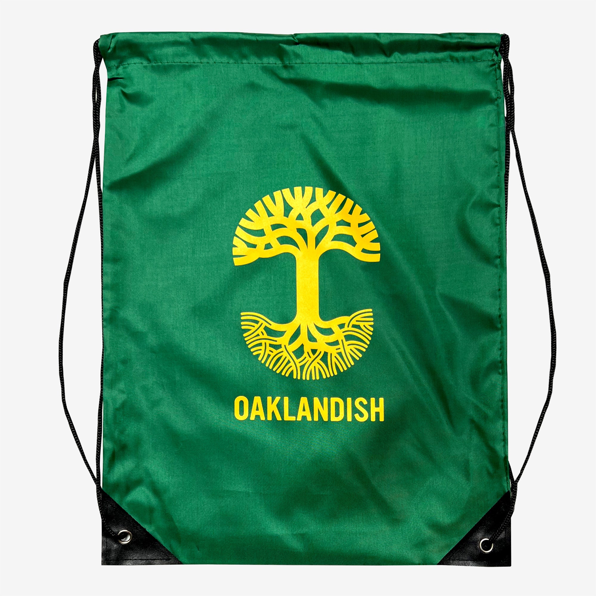 Flat image of forest drawstring bag with yellow Oaklandish logo imprinted on front.