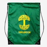 Flat image of forest drawstring bag with yellow Oaklandish logo imprinted on front.