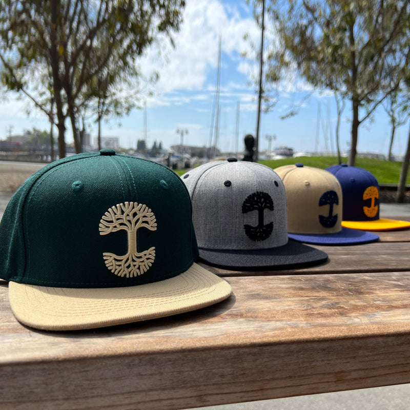 Four colorways (green, grey, tan, royal blue) of Oaklandish caps with contrasting brims on outdoor bench.