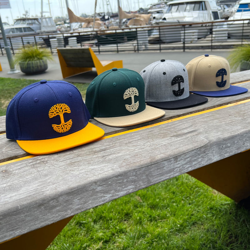 Four Oaklandish caps (left to right) of royal blue with yellow logo, forest with khaki logo, grey with black logo, tan with navy logo lined up outside on bench.