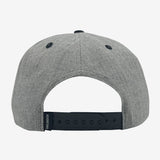 Back of grey cap with black plastic snap back adjustable closure.